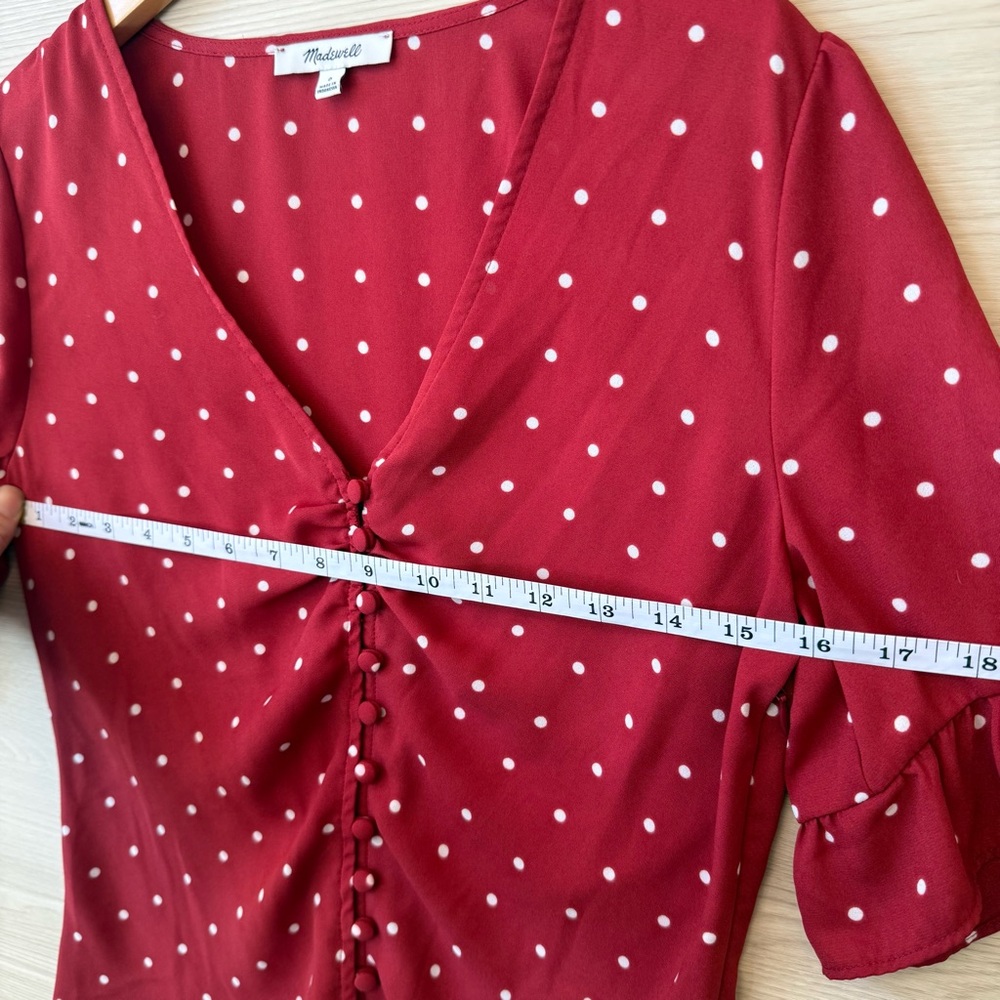 Madewell Red Polka Dot Blouse |Button Front Tie Sleeve Size 0 - Picture 5 of 9
